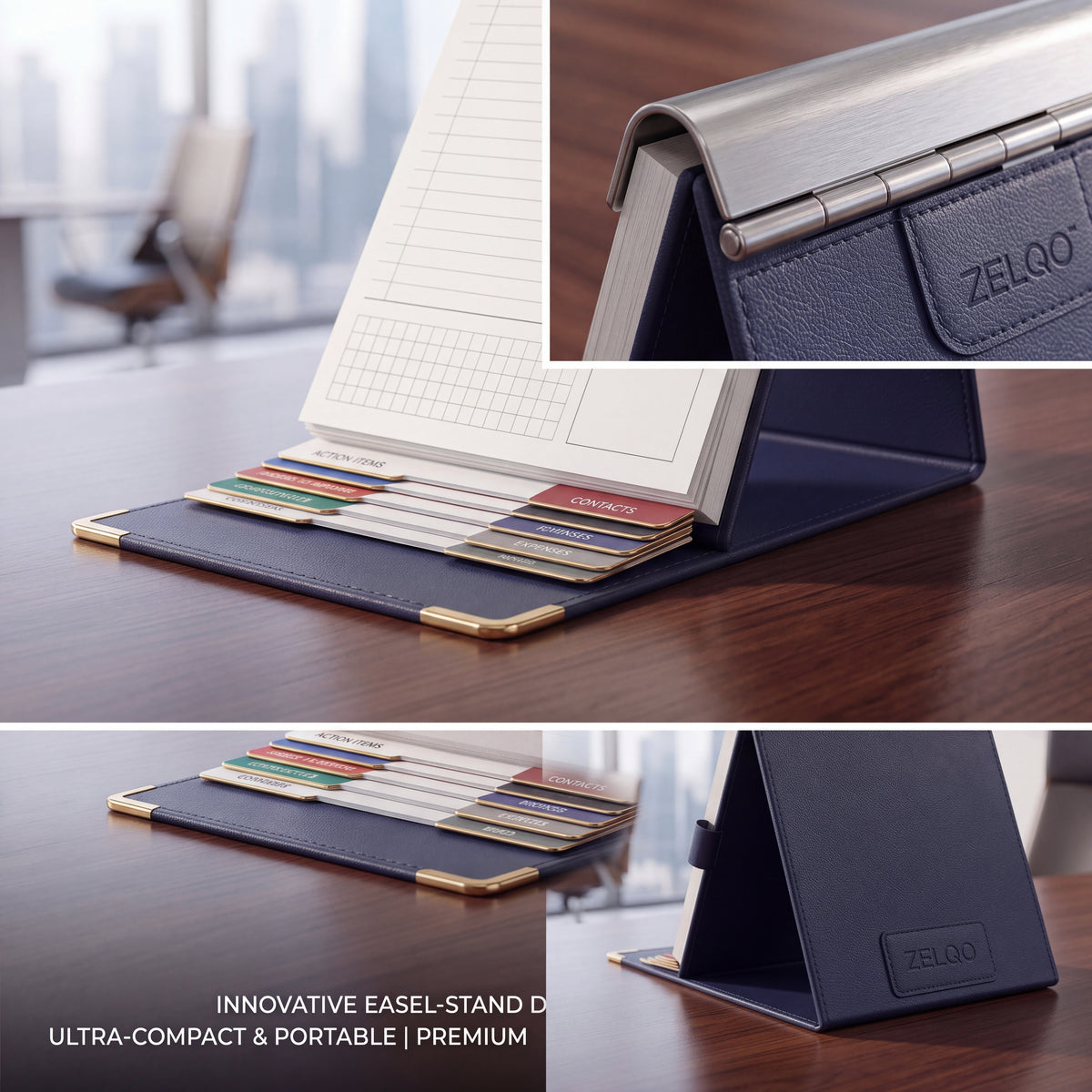 ZELQO™ 📓 Flip-Deck Meeting Notebook – Standing Desktop Notepad with Built-In Reference Cards & Pen Loop