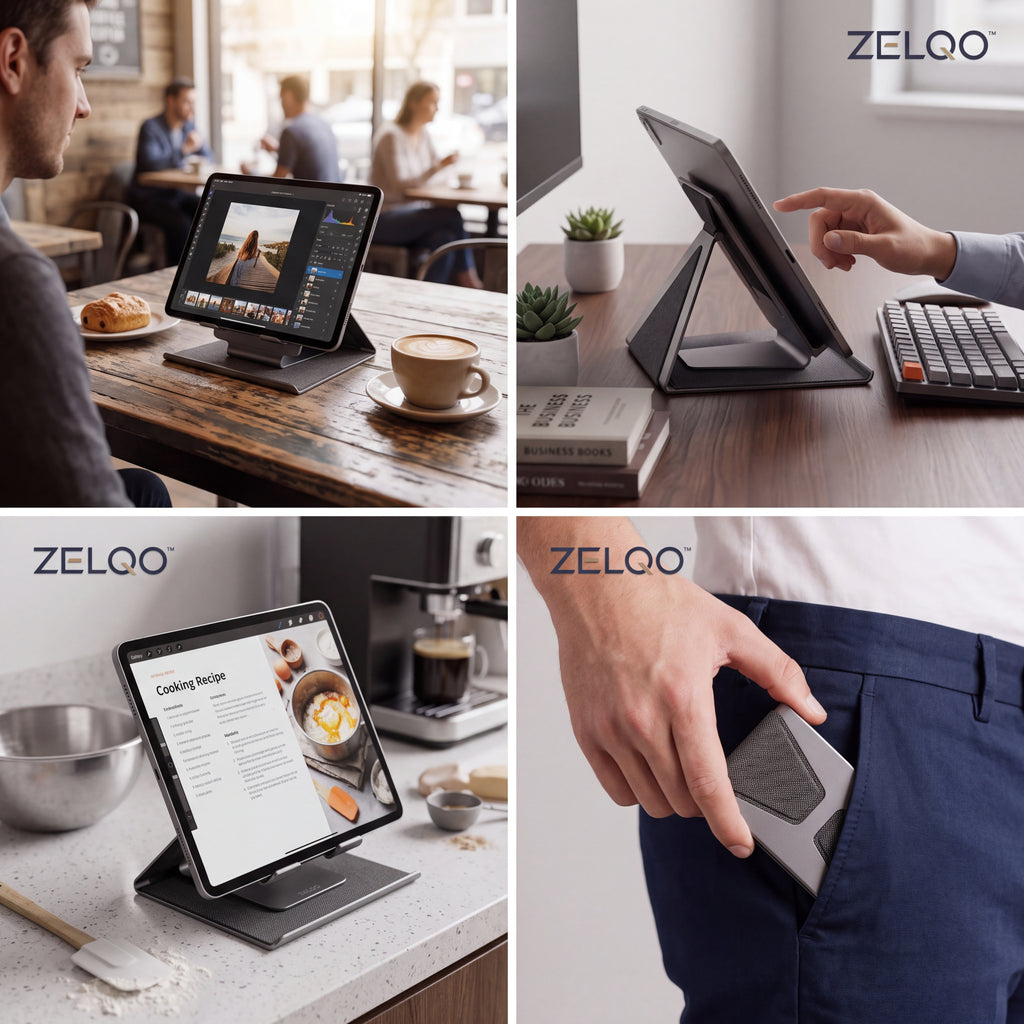 ZELQO™ FLEX-ARCH™ 📱 Foldable Tablet Stand – Ultra-Portable Multi-Angle Desk Stand in Lightweight Aluminum & Woven Fabric