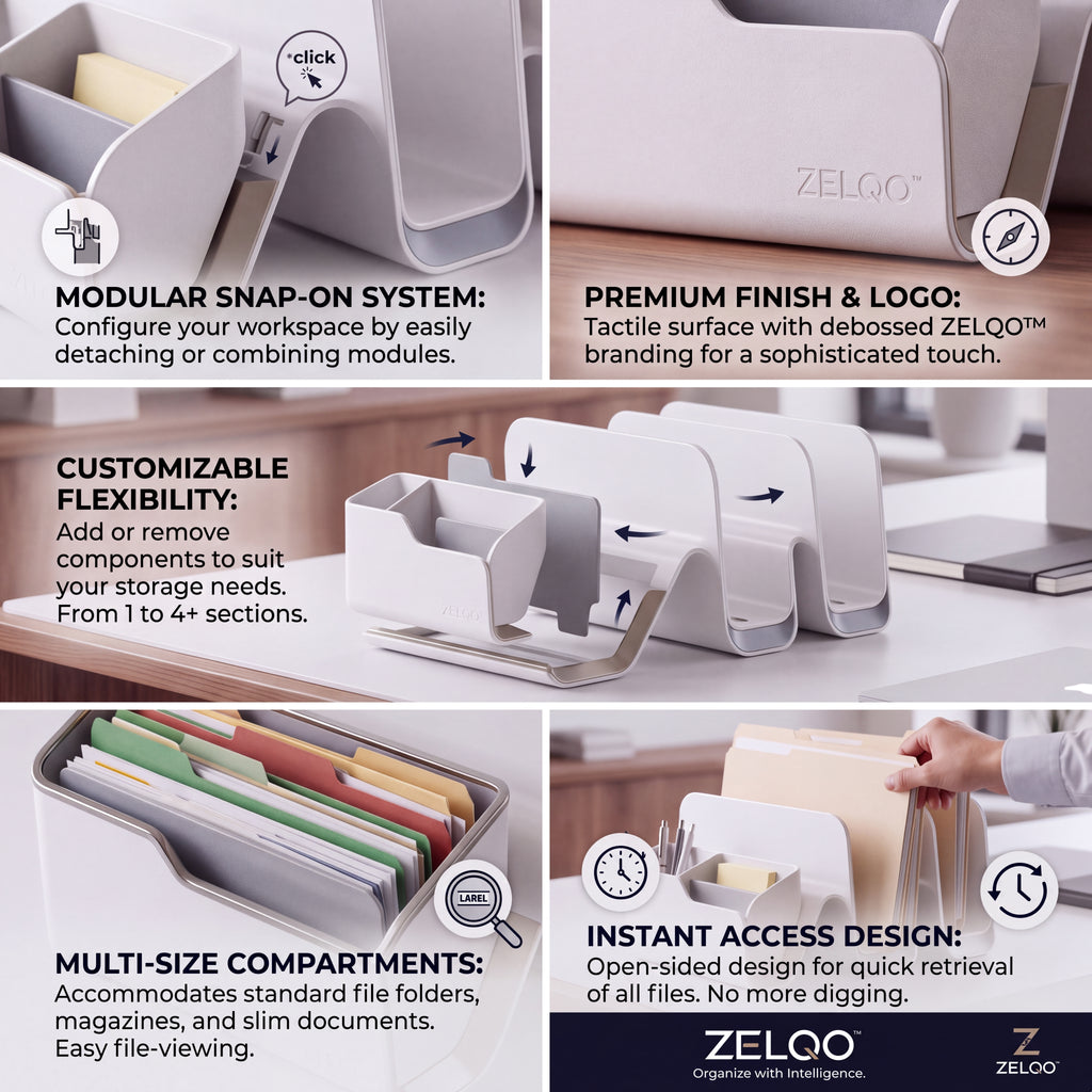 ZELQO™ Crescent Desktop Organizer – Modular Curved Wood File & Document Storage