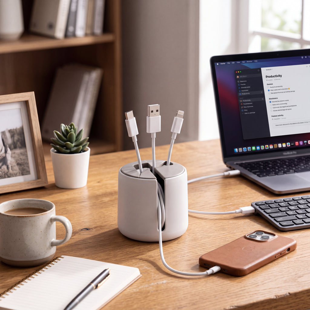 ZELQO Smart Desk Cable Organizer – 3-in-1 Compact Cable Winder & Cord Holder, Minimalist Desktop Wire Management
