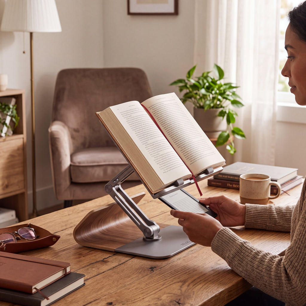 ZELQO™ FlexiView™ 📚 Adjustable Book & Tablet Stand – Foldable Aluminum & Wood Desk Holder