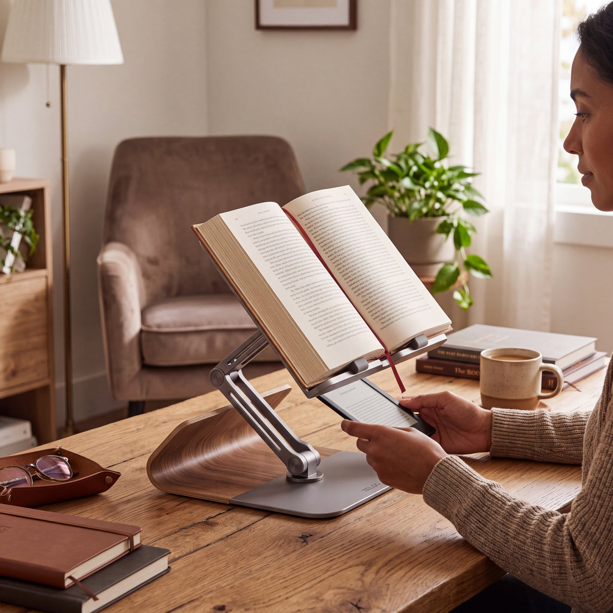 ZELQO™ FlexiView™ 📚 Adjustable Book & Tablet Stand – Foldable Aluminum & Wood Desk Holder