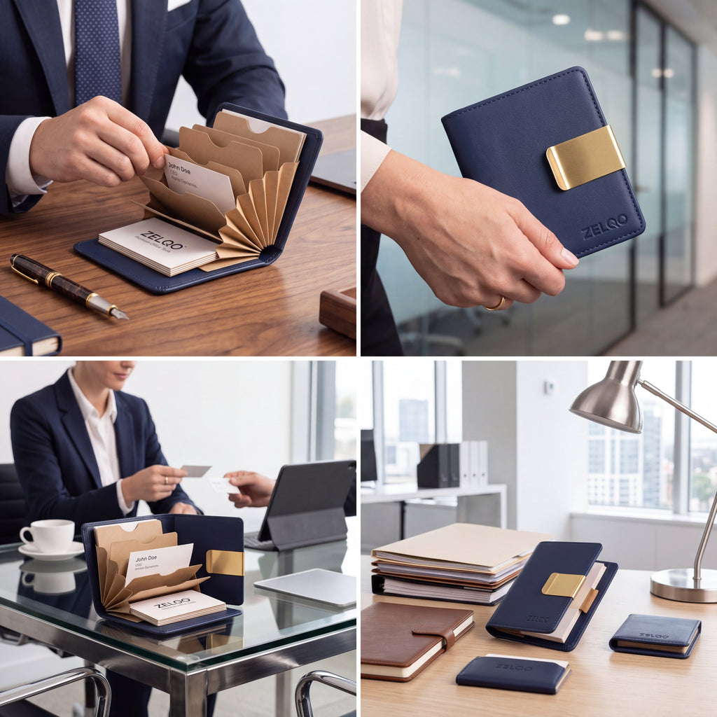 ZELQO™ 📁 Portable Business Card Portfolio – Compact Leather Organizer with Tiered Display Pockets