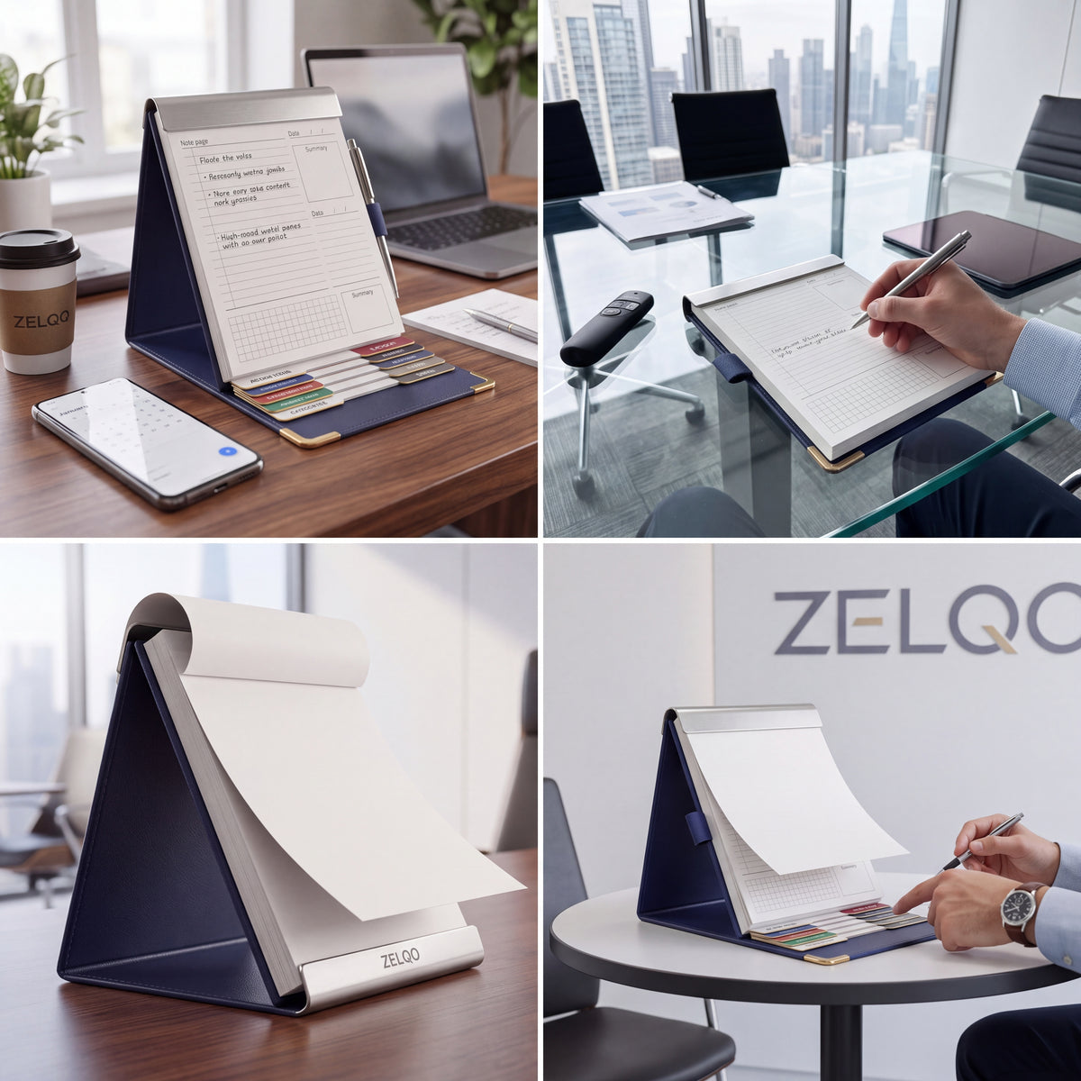 ZELQO™ 📓 Flip-Deck Meeting Notebook – Standing Desktop Notepad with Built-In Reference Cards & Pen Loop
