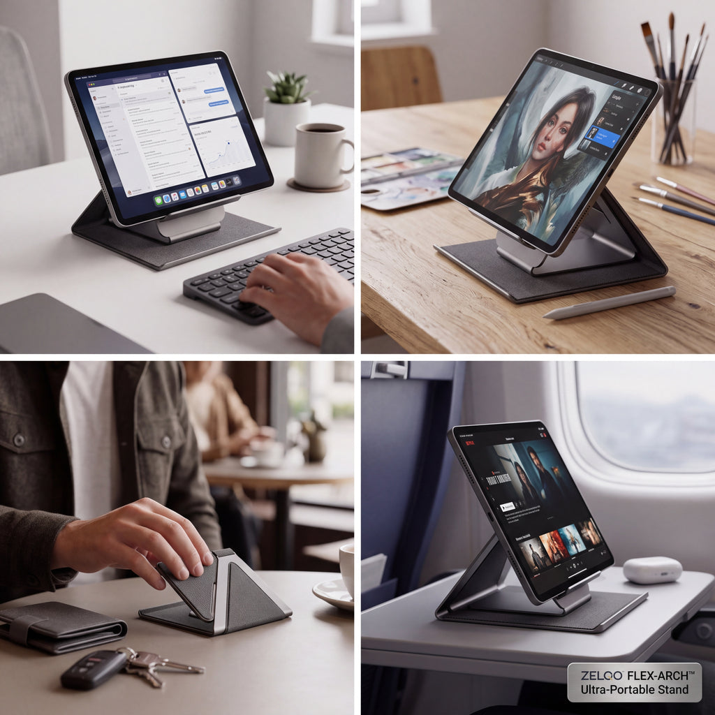 ZELQO™ FLEX-ARCH™ 📱 Foldable Tablet Stand – Ultra-Portable Multi-Angle Desk Stand in Lightweight Aluminum & Woven Fabric