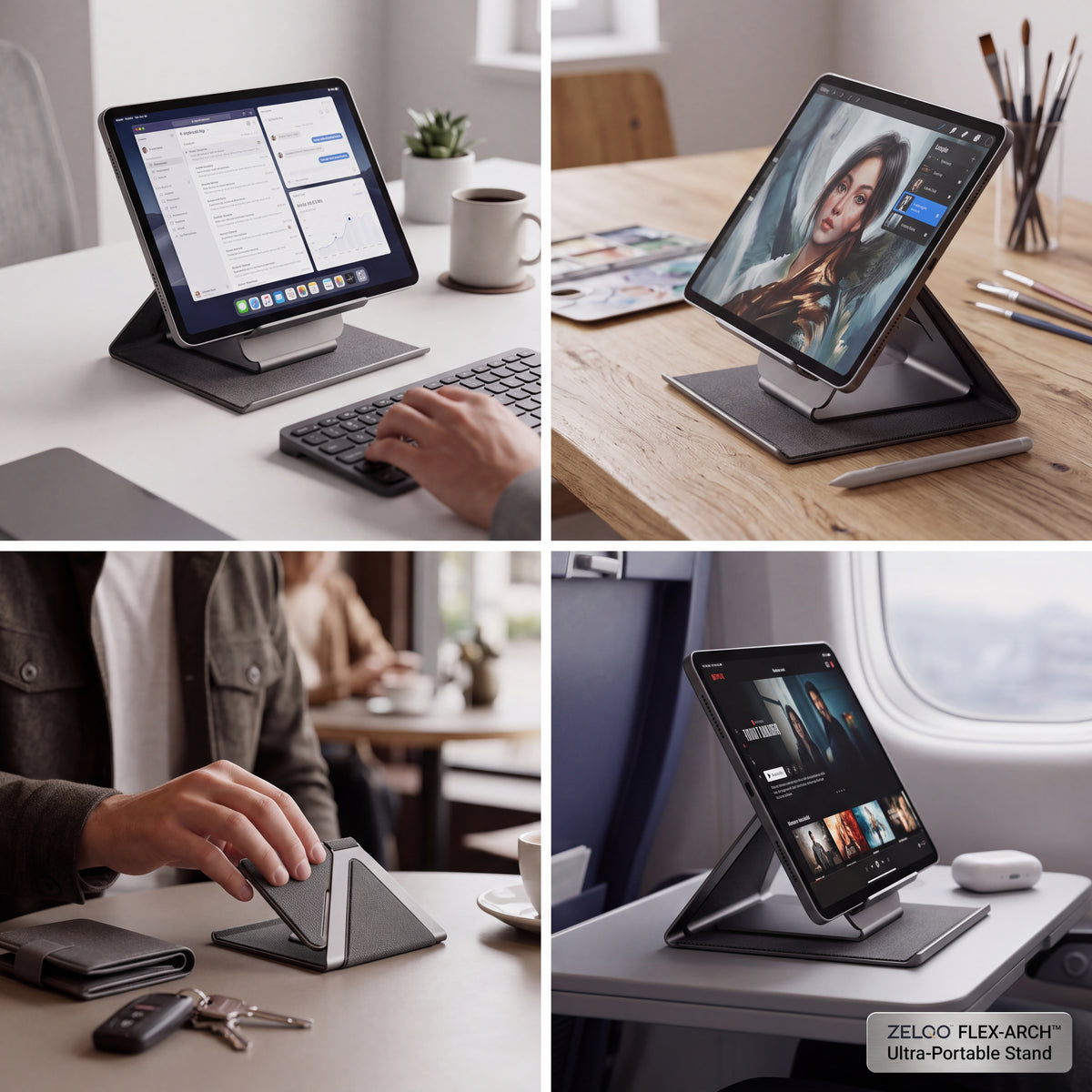 ZELQO™ FLEX-ARCH™ 📱 Foldable Tablet Stand – Ultra-Portable Multi-Angle Desk Stand in Lightweight Aluminum & Woven Fabric