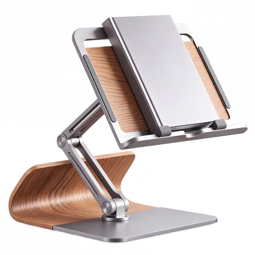 ZELQO™ FlexiView™ 📚 Adjustable Book & Tablet Stand – Foldable Aluminum & Wood Desk Holder